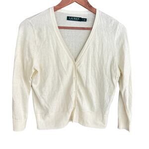 Ralph Lauren Crop V Neck Cardigan Sweater S White Cream Prep Old Money Academia